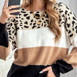 Grey leopard print with block detail tan/black/white crew neck sweater-small